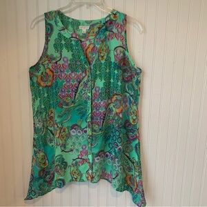 Spense Green Unique Print (S) Sleeveless Blouse w/Fabric Covered Buttons
